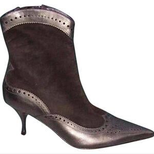 Donald Pliner Pewter Metallic Leather Short Boot Shoe Expresso Suede $455 NWT